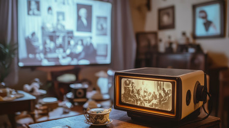 This nostalgic living room scene features a vintage projector casting a historical image, surrounded by antique furniture that creates a warm, inviting atmosphere.の素材