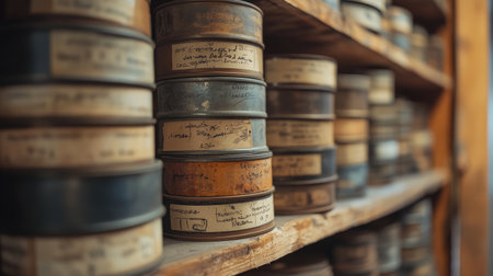 Explore a collection of vintage film canisters stacked neatly on a wooden shelf, evoking a sense of nostalgia and highlighting the artistry of bygone cinema in a rustic setting.の素材
