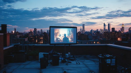 A captivating outdoor movie night on a rooftop showcases a large screen against a breathtaking city skyline at dusk, inviting gatherings for friends and family celebrations.の素材