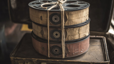 This image features vintage film canisters tied with twine, resting on a well-worn suitcase, capturing the essence of nostalgia and the rich history of cinematic storytelling.の素材