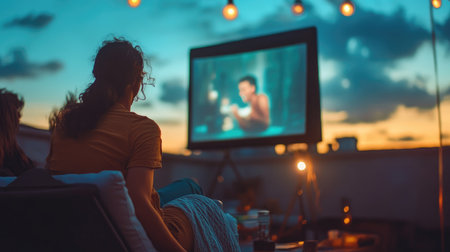 Enjoy a cozy evening on a rooftop as friends gather to watch a movie on a large projector screen, with a beautiful sunset painting the sky in vibrant colors.の素材