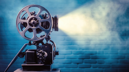 Immerse in the charm of vintage filmmaking with this classic film projector, casting a bright beam of light in a cinematic setting, evoking nostalgia and artistry.の素材