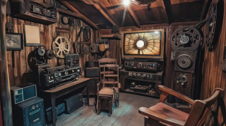 Explore a nostalgic vintage recording studio featuring antique equipment, rustic wooden walls, and a retro television, creating a unique artistic atmosphere for creative endeavors.の素材