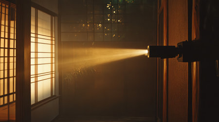 A captivating light beam beams through a serene indoor environment, highlighting the beauty of minimalist design while creating a tranquil and warm atmosphere.の素材