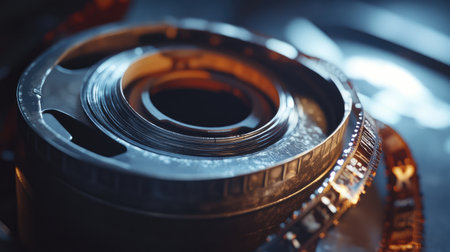 Detailed close-up of a vintage film reel and film, showcasing the intricate texture and design, evoking nostalgia for classic photography and cinematic art.の素材