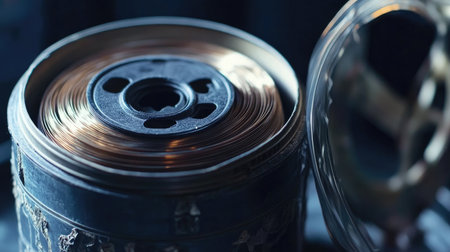 A close-up view of a vintage film reel featuring coiled copper tape inside an ornate metal casing, softly illuminated to showcase its rich textures and craftsmanship.の素材