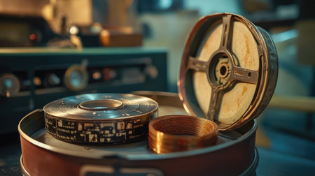 Explore a nostalgic scene featuring a vintage film reel and audio tape inside a round metal tin, immersed in warm lighting and retro studio ambiance.の素材