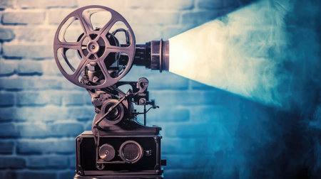 A vintage film projector casts a mesmerizing beam of light, creating a nostalgic atmosphere perfect for any artistic project related to cinema or storytelling.の素材