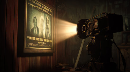 A vintage film projector casts light on a classic movie poster, creating a warm nostalgia in a dimly lit room. This scene captures the essence of cinematic history and artistry.の素材