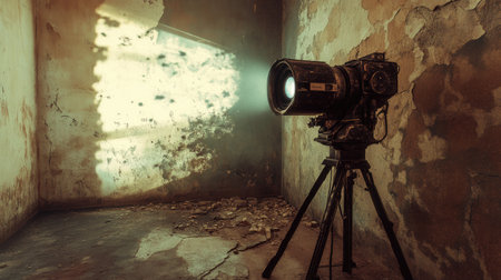 An intriguing vintage camera stands in a dimly lit abandoned room, with peeling paint and shadows creating a captivating atmosphere that inspires nostalgia and creativity.の素材