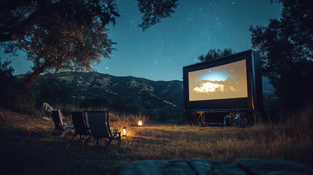 Experience an enchanting outdoor movie night under the starry sky, featuring an inflatable screen, cozy seating, and a picturesque mountain backdrop. Enjoy relaxation and fun.の素材