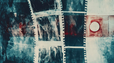 A striking abstract artwork showcasing old film negatives, featuring unique textures and rich colors, perfect for conveying a sense of nostalgia and the essence of vintage photography.の素材