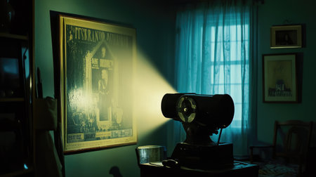 A vintage film projector casts a soft beam of light in a dimly lit room, enhancing the nostalgic ambiance while highlighting an artistic wall poster, evoking cherished memories.の素材