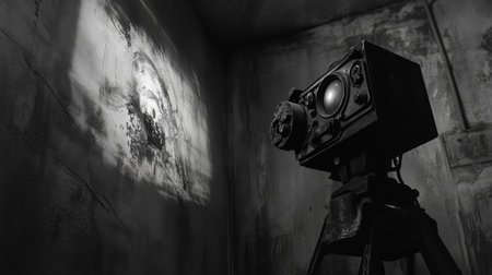 A vintage projector stands in a dim room, casting intriguing shadows onto a textured wall, evoking a sense of nostalgia and mystery in forgotten cinema history.の素材