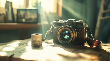 A vintage camera stands on a wooden table bathed in natural light, creating a warm atmosphere for photography enthusiasts and evoking feelings of nostalgia and creativity.の素材