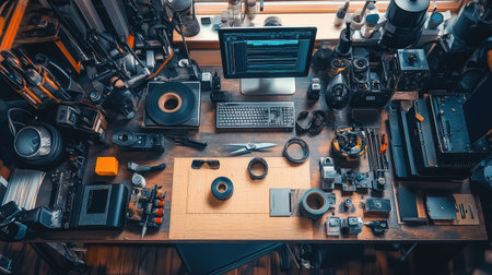 Explore a vibrant workspace filled with photography gear including cameras, lenses, and editing tools, showcasing creativity and organization in a studio environment.の素材