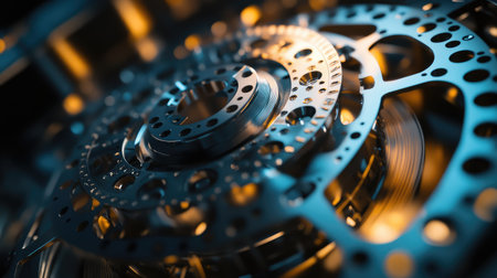 A stunning close-up of interconnected metallic gears and discs, highlighting the beauty of precision engineering. The interplay of light enhances the industrial design elements.の素材
