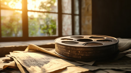 A vintage film reel rests on old newspapers, illuminated by soft sunlight streaming through a window, creating a nostalgic cinematic ambiance in a rustic setting.の素材