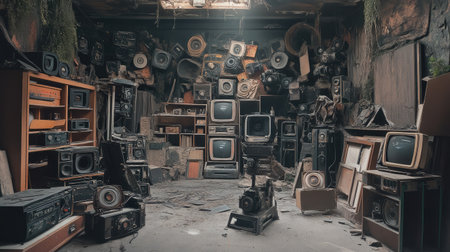 A captivating scene of an abandoned room overtaken by vintage televisions and retro electronics, evoking a sense of nostalgia and forgotten charm amid dust and clutter.の素材