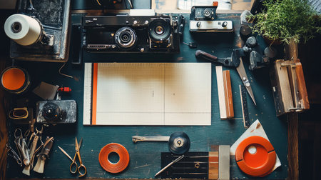 A visually captivating vintage photography workspace featuring an array of cameras, tools, and stationery arranged on a dark wooden table, promoting creativity and artistic inspiration.の素材