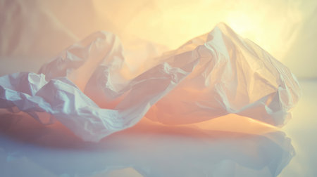 This artistic image features crumpled white paper on a smooth surface, illuminated by soft lighting, creating a serene and abstract aesthetic perfect for creative projects.の素材