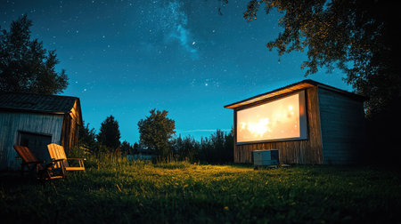 Enjoy a calming outdoor movie experience on a starry night, featuring a large screen, picturesque wooden chairs, and a peaceful natural environment.の素材