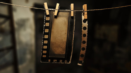 A creative representation of vintage film strips hanging on a clothesline, set against a softly illuminated background, evoking feelings of nostalgia and artistic exploration.の素材