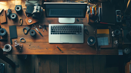 A creative workspace featuring a laptop surrounded by cameras and tools on a wooden desk, perfect for photography and design projects, evoking inspiration and productivity.の素材