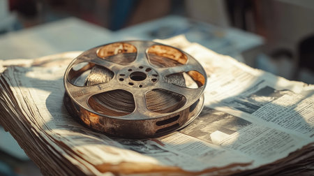 A stunning vintage film reel rests elegantly on a pile of aged newspapers, capturing the essence of cinema history and evoking feelings of nostalgia and timeless creativity.の素材