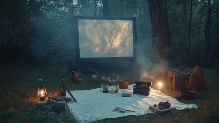 Experience a cozy outdoor movie night in a serene forest with a blank screen, glowing lanterns, and rustic snacks, creating a magical atmosphere for relaxation and enjoyment.の素材