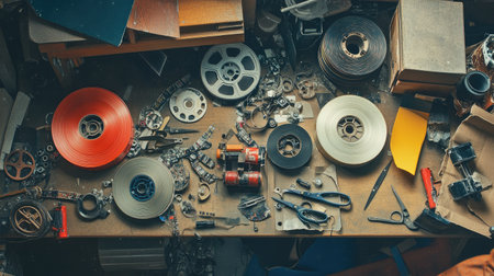 Explore the intricate layout of vintage film editing tools and reels scattered on a workshop table, showcasing a blend of creativity, history, and craft in media production.の素材
