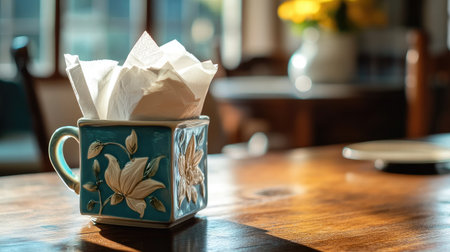 A beautifully styled table featuring a decorative cup filled with crisp napkins, bathed in warm natural light that enhances the cozy dining atmosphere.の素材