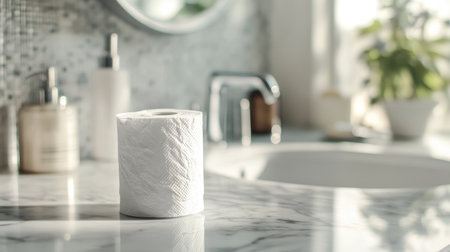 A serene bathroom scene featuring a soft white toilet paper roll on a marble counter, complemented by a refreshing aloe plant and elegant skincare products in natural light.の素材