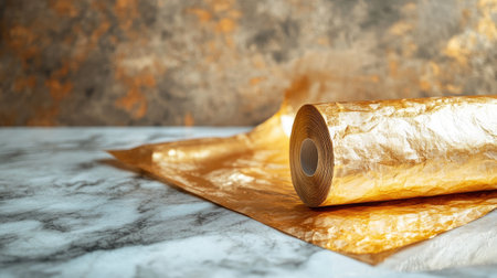 A luxurious roll of golden foil elegantly positioned on a marble surface, ideal for enhancing creative projects, craft activities, and decorative touches in home decor.の素材