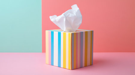 Bright and cheerful tissue box with colorful stripes and a white tissue peeking out, ideal for decoration and lifestyle settings, adding a pop of color and comfort.の素材