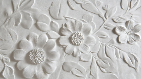 This image showcases a stunning textured relief of floral designs in white, perfect for use as an elegant background or a sophisticated decorative element.の素材