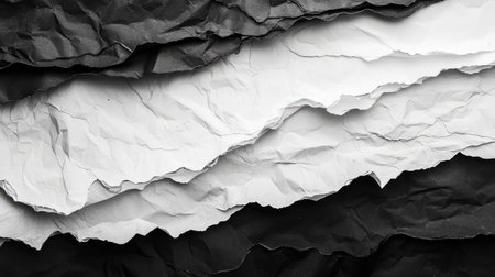 A dynamic abstract image featuring crumpled black and white paper layers, perfect for various creative projects, backgrounds, or artistic designs.の素材