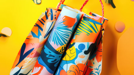 Brightly colored gift bags featuring tropical designs stand against a vivid yellow background, perfect for various occasions, showcasing creativity and vibrant style.の素材
