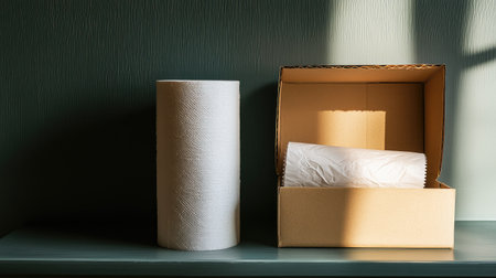Bright kitchen scene featuring a roll of paper towels and a box with wrapped items, enhancing the feeling of cleanliness and organization in home decor.の素材