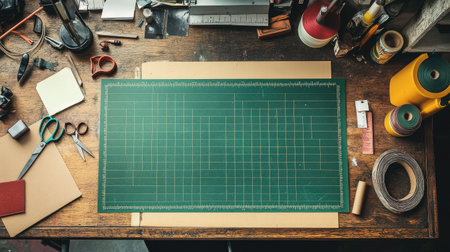 Overhead view of a crafting workspace featuring a green cutting mat surrounded by scissors, glue, and various crafting supplies, ideal for creative projects and artworks.の素材