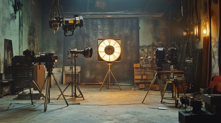 Explore a vintage photography studio filled with classic equipment and stunning lighting. A creative workspace evokes nostalgia and artistic craftsmanship.の素材