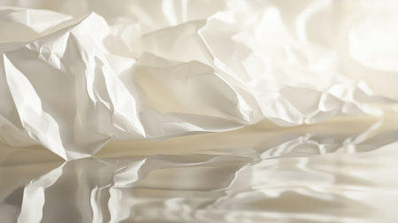 An elegant textured white paper crumple resting on a reflective smooth surface. This image captures a calm and serene atmosphere ideal for various creative projects.の素材