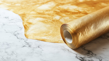A roll of shimmering gold foil against a sleek white marble surface, perfect for creative projects, interior design, or elegant decorative touches to enhance any space.の素材