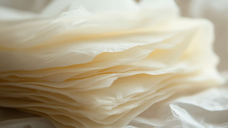 A beautifully arranged stack of delicate translucent paper layers resting gently on a soft surface, ideal for creative projects and artistic expressions in a serene setting.の素材