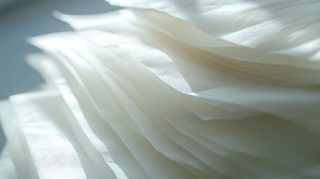 A serene and minimalistic view of soft white paper layers stacked gracefully, illuminated by natural light, creating an elegant and artistic visual perfect for various creative projects.の素材