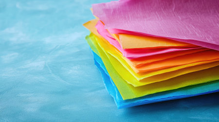 A vibrant stack of colorful tissue paper sheets in bright shades, set against a soft blue background. Ideal for crafting, decorating, or artistic projects.の素材