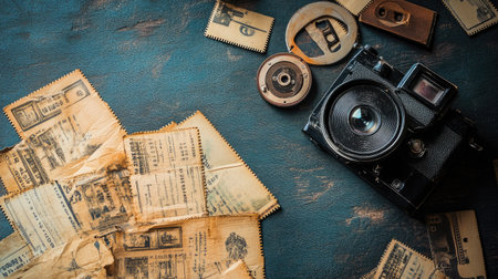Explore the charm of a vintage camera placed among old photographs and film reels on a textured leather surface, evoking nostalgia and a rich history of photography.の素材