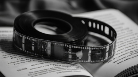 A vintage film reel rests elegantly on an open book, showcasing a blend of classic photography and literature. The dramatic lighting enhances the nostalgic atmosphere.の素材