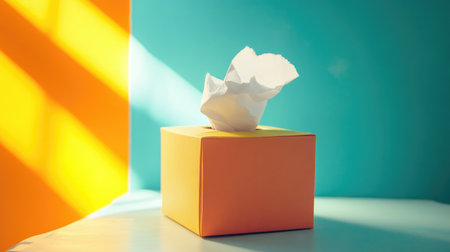 A vibrant tissue box placed on a table, enhanced by colorful walls and natural light, perfect for adding a modern touch and comfort to home environments.の素材