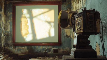An intriguing vintage film projector rests in an abandoned room, casting shadows against the faded wall, evoking feelings of nostalgia and reflecting on the past through its captivating presence.の素材